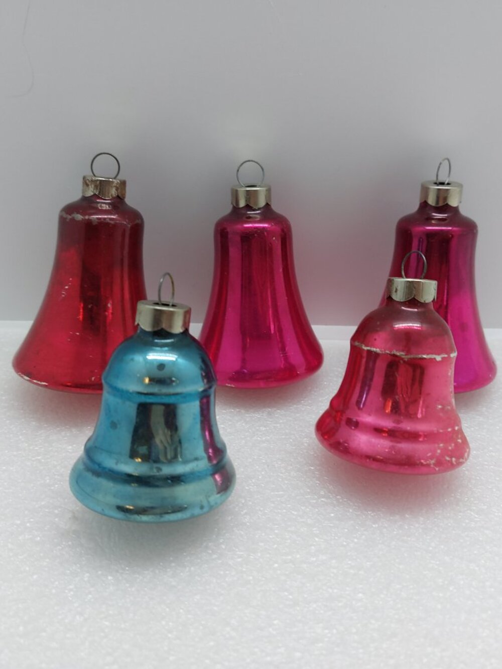 5 Vintage Shiny Brite Bell Christmas Tree Glass Ornaments Pink, Red & Blue